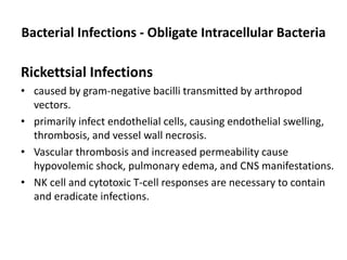 Bacterial Infections - Obligate Intracellular Bacteria
Rickettsial Infections
• caused by gram-negative bacilli transmitted by arthropod
vectors.
• primarily infect endothelial cells, causing endothelial swelling,
thrombosis, and vessel wall necrosis.
• Vascular thrombosis and increased permeability cause
hypovolemic shock, pulmonary edema, and CNS manifestations.
• NK cell and cytotoxic T-cell responses are necessary to contain
and eradicate infections.
 