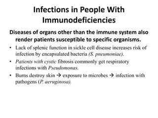Infections in People With
Immunodeficiencies
Diseases of organs other than the immune system also
render patients susceptible to specific organisms.
• Lack of splenic function in sickle cell disease increases risk of
infection by encapsulated bacteria (S. pneumoniae).
• Patients with cystic fibrosis commonly get respiratory
infections with Pseudomonas.
• Burns destroy skin  exposure to microbes  infection with
pathogens (P. aeruginosa).
 