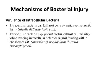 Mechanisms of Bacterial Injury
Virulence of Intracellular Bacteria
• Intracellular bacteria can kill host cells by rapid replication &
lysis (Shigella & Escherichia coli).
• Intracellular bacteria may permit continued host cell viability
while evading intracellular defenses & proliferating within
endosomes (M. tuberculosis) or cytoplasm (Listeria
monocytogenes).
 