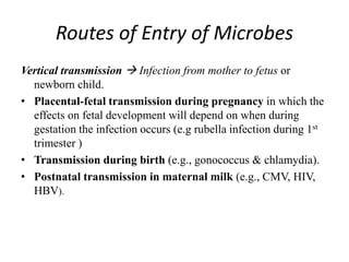 Routes of Entry of Microbes
Vertical transmission  Infection from mother to fetus or
newborn child.
• Placental-fetal transmission during pregnancy in which the
effects on fetal development will depend on when during
gestation the infection occurs (e.g rubella infection during 1st
trimester )
• Transmission during birth (e.g., gonococcus & chlamydia).
• Postnatal transmission in maternal milk (e.g., CMV, HIV,
HBV).
 