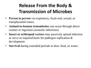Release From the Body &
Transmission of Microbes
• Person to person via respiratory, fecal-oral, sexual, or
transplacental routes.
• Animal-to-human transmission can occur through direct
contact or ingestion (zoonotic infections)
• Insect or arthropod vectors may passively spread infection
or serve as required hosts for pathogen replication &
development.
• Survival during extended periods in dust, food, or water;
 
