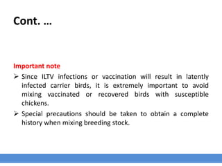Cont. …
Important note
 Since ILTV infections or vaccination will result in latently
infected carrier birds, it is extremely important to avoid
mixing vaccinated or recovered birds with susceptible
chickens.
 Special precautions should be taken to obtain a complete
history when mixing breeding stock.
 