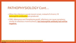 PATHOPHYSIOLOGY Cont…
• When the infection is acute (recent onset, instead of chronic) 
heterophile antibodies are produced.
• CMV, Adenovirus and Toxoplasma gondii infections can cause symptoms
similar to infectious mononucleosis, but heterophile antibody test will be
negative.
infectious Mononucleosis(Mono)By Kenneth M. Kaye , MD, Harvard Medical School| Modified
Sep 2022
 