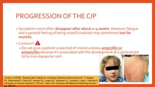 PROGRESSIONOFTHE C/P
• Symptoms most often disappear after about 2–4 weeks. However, fatigue
and a general feeling of being unwell (malaise) may sometimes last for
months.
• Caution!!!
Do not give a patient suspected of mononucleosis ampicillin or
amoxicillin because it's associated with the development of a generalized
itchy maculopapular rash.
Cohen JI (2008). "Epstein-Barr Infections, Including Infectious Mononucleosis". In Kasper
DL, Braunwald E, Fauci AS, Hauser SL, Longo DL, Jameson JL, Loscalzo J (eds.). Harrison's
principles of internal medicine (17th ed.). New York: McGraw-Hill Medical Publishing Division.
pp. 380–91.
 