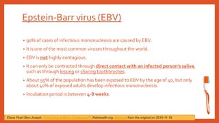 Epstein-Barr virus (EBV)
• 90% of cases of infectious mononucleosis are caused by EBV.
• It is one of the most common viruses throughout the world.
• EBV is not highly contagious.
• It can only be contracted through direct contact with an infected person's saliva,
such as through kissing or sharing toothbrushes.
• About 95% of the population has been exposed to EBV by the age of 40, but only
about 40% of exposed adults develop infectious mononucleosis.
• Incubation period is between 4-8 weeks.
Elana Pearl Ben-Joseph. "How Long Is Mono Contagious?". Kidshealth.org. Archived from the original on 2016-11-19.
 