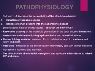 • TNF and IL-1 increase the permeability of the blood-brain barrier:
1. induction of vasogenic edema
2. leakage of serum proteins into the subarachnoid space
• proteinaceous material and leukocytes - obstruct the flow of CSF
• Resorptive capacity of the arachnoid granulations in the dural sinuses diminishes
• obstructive and communicating hydrocephalus and interstitial edema.
 Neutrophil degranulation - release of toxic metabolites - cytotoxic edema, cell
injury, and death.
 Vasculitis - Infiltration of the arterial wall by inflammatory cells with intimal thickening
• may result in ischemia and infarction,
• The combination of interstitial, vasogenic, and cytotoxic edema leads to raised
ICP and coma.
PATHOPHYSIOLOGY
 