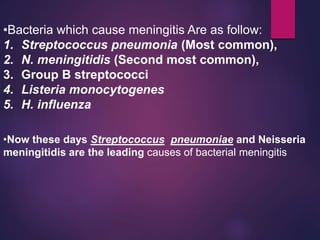 •Bacteria which cause meningitis Are as follow:
1. Streptococcus pneumonia (Most common),
2. N. meningitidis (Second most common),
3. Group B streptococci
4. Listeria monocytogenes
5. H. influenza
•Now these days Streptococcus pneumoniae and Neisseria
meningitidis are the leading causes of bacterial meningitis
 