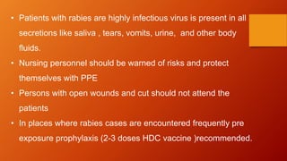 • Patients with rabies are highly infectious virus is present in all
secretions like saliva , tears, vomits, urine, and other body
fluids.
• Nursing personnel should be warned of risks and protect
themselves with PPE
• Persons with open wounds and cut should not attend the
patients
• In places where rabies cases are encountered frequently pre
exposure prophylaxis (2-3 doses HDC vaccine )recommended.
 