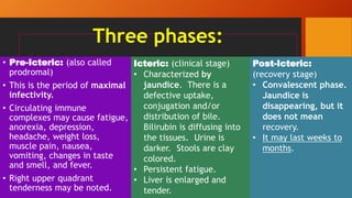 Three phases:
• Pre-Icteric: (also called
prodromal)
• This is the period of maximal
infectivity.
• Circulating immune
complexes may cause fatigue,
anorexia, depression,
headache, weight loss,
muscle pain, nausea,
vomiting, changes in taste
and smell, and fever.
• Right upper quadrant
tenderness may be noted.
Icteric: (clinical stage)
• Characterized by
jaundice. There is a
defective uptake,
conjugation and/or
distribution of bile.
Bilirubin is diffusing into
the tissues. Urine is
darker. Stools are clay
colored.
• Persistent fatigue.
• Liver is enlarged and
tender.
Post-Icteric:
(recovery stage)
• Convalescent phase.
Jaundice is
disappearing, but it
does not mean
recovery.
• It may last weeks to
months.
 