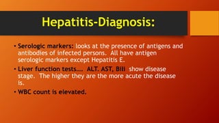 Hepatitis-Diagnosis:
• Serologic markers: looks at the presence of antigens and
antibodies of infected persons. All have antigen
serologic markers except Hepatitis E.
• Liver function tests…. ALT. AST, Bili show disease
stage. The higher they are the more acute the disease
is.
• WBC count is elevated.
 