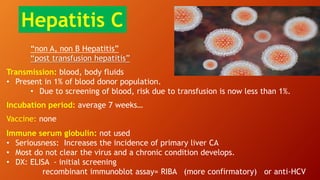 “non A, non B Hepatitis”
“post transfusion hepatitis”
Transmission: blood, body fluids
• Present in 1% of blood donor population.
• Due to screening of blood, risk due to transfusion is now less than 1%.
Incubation period: average 7 weeks…
Vaccine: none
Immune serum globulin: not used
• Seriousness: Increases the incidence of primary liver CA
• Most do not clear the virus and a chronic condition develops.
• DX: ELISA - initial screening
recombinant immunoblot assay= RIBA (more confirmatory) or anti-HCV
Hepatitis C
 