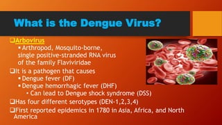 What is the Dengue Virus?
Arbovirus
 Arthropod, Mosquito-borne,
single positive-stranded RNA virus
of the family Flaviviridae
It is a pathogen that causes
 Dengue fever (DF)
 Dengue hemorrhagic fever (DHF)
• Can lead to Dengue shock syndrome (DSS)
Has four different serotypes (DEN-1,2,3,4)
First reported epidemics in 1780 in Asia, Africa, and North
America
 