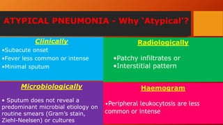 ATYPICAL PNEUMONIA - Why ‘Atypical’?
Clinically
•Subacute onset
•Fever less common or intense
•Minimal sputum
Microbiologically
• Sputum does not reveal a
predominant microbial etiology on
routine smears (Gram’s stain,
Ziehl-Neelsen) or cultures
Radiologically
•Patchy infiltrates or
•Interstitial pattern
Haemogram
•Peripheral leukocytosis are less
common or intense
 