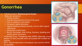 Gonorrhea
• Infectious Agent: Neisseria gonorrhoeae.
• Signs and symptoms:
 Painful urination
 Pus-like discharge from the tip of the penis
 Pain or swelling in one testicle
 Increased vaginal discharge
 Vaginal bleeding between periods, such as after vaginal
intercourse
 Abdominal or pelvic pain
 Rectal: Discharges, Anal itching, Soreness, bleeding and
painful bowel movement
• Vulnerable Group: Transgender Men (MSM), Bisexuals, young
people (15-24yo) sexually active and people with multiple sex
partners
• MOT: Sexual intercourse in all aspects, less common NSVD
for neonates
 
