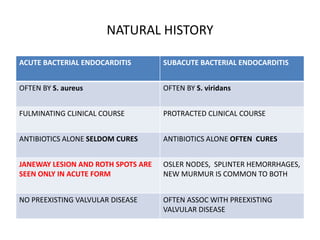 NATURAL HISTORY
ACUTE BACTERIAL ENDOCARDITIS SUBACUTE BACTERIAL ENDOCARDITIS
OFTEN BY S. aureus OFTEN BY S. viridans
FULMINATING CLINICAL COURSE PROTRACTED CLINICAL COURSE
ANTIBIOTICS ALONE SELDOM CURES ANTIBIOTICS ALONE OFTEN CURES
JANEWAY LESION AND ROTH SPOTS ARE
SEEN ONLY IN ACUTE FORM
OSLER NODES, SPLINTER HEMORRHAGES,
NEW MURMUR IS COMMON TO BOTH
NO PREEXISTING VALVULAR DISEASE OFTEN ASSOC WITH PREEXISTING
VALVULAR DISEASE
 