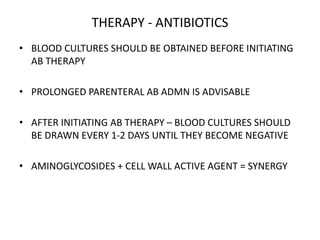 THERAPY - ANTIBIOTICS
• BLOOD CULTURES SHOULD BE OBTAINED BEFORE INITIATING
AB THERAPY
• PROLONGED PARENTERAL AB ADMN IS ADVISABLE
• AFTER INITIATING AB THERAPY – BLOOD CULTURES SHOULD
BE DRAWN EVERY 1-2 DAYS UNTIL THEY BECOME NEGATIVE
• AMINOGLYCOSIDES + CELL WALL ACTIVE AGENT = SYNERGY
 