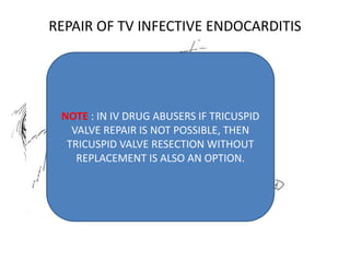 REPAIR OF TV INFECTIVE ENDOCARDITIS
NOTE : IN IV DRUG ABUSERS IF TRICUSPID
VALVE REPAIR IS NOT POSSIBLE, THEN
TRICUSPID VALVE RESECTION WITHOUT
REPLACEMENT IS ALSO AN OPTION.
 