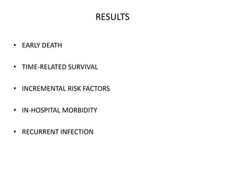 RESULTS
• EARLY DEATH
• TIME-RELATED SURVIVAL
• INCREMENTAL RISK FACTORS
• IN-HOSPITAL MORBIDITY
• RECURRENT INFECTION
 