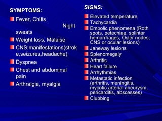 SIGNS:
SYMPTOMS:
                             Elevated temperature
 Fever, Chills
                             Tachycardia
                   Night     Embolic phenomena (Roth
 sweats                      spots, petechiae, splinter
 Weight loss, Malaise        hemorrhages, Osler nodes,
                             CNS or ocular lesions)
 CNS:manifestations(strok    Janeway lesions
 e,seizures,headache)        Splenomegaly
 Dyspnea                     Arthritis
                             Heart failure
 Chest and abdominal         Arrhythmias
 pain                        Metastatic infection
 Arthralgia, myalgia         (arthritis, meningitis,
                             mycotic arterial aneurysm,
                             pericarditis, abscesses)
                             Clubbing
 