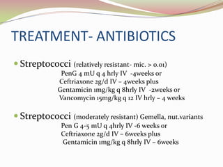TREATMENT- ANTIBIOTICS
 Streptococci (relatively resistant- mic. > 0.01)
PenG 4 mU q 4 hrly IV -4weeks or
Ceftriaxone 2g/d IV – 4weeks plus
Gentamicin 1mg/kg q 8hrly IV -2weeks or
Vancomycin 15mg/kg q 12 IV hrly – 4 weeks
 Streptococci (moderately resistant) Gemella, nut.variants
Pen G 4-5 mU q 4hrly IV -6 weeks or
Ceftriaxone 2g/d IV – 6weeks plus
Gentamicin 1mg/kg q 8hrly IV – 6weeks
 