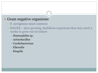  Gram negative organisms
 P. aeruginosa most common
 HACEK - slow growing, fastidious organisms that may need 3
weeks to grow out of culture
 Haemophilus sp.
 Actinobacillus
 Cardiobacterium
 Eikenella
 Kingella
 