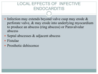 LOCAL EFFECTS OF INFECTIVE
ENDOCARDITIS
 Infection may extends beyond valve cusp may erode &
perforate valve, & may erode into underlying myocardium
to produce an abscess (ring abscess) or Paravalvular
abscess
 Septal abscesses & adjacent abscess
 Fistulae
 Prosthetic dehiscence
 