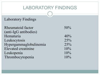 LABORATORY FINDINGS
Laboratory Findings
Rheumatoid factor 50%
(anti-IgG antibodies)
Hematuria 40%
Leukocytosis 25%
Hypergammaglobulinemia 25%
Elevated creatinine 10%
Leukopenia 10%
Thrombocytopenia 10%
 