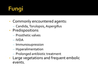 • Commonly encountered agents:
– Candida,Torulopsis, Aspergillus
• Predispositions
– Prosthetic valves
– IVDA
– Immunosupression
– Hyperalimentation
– Prolonged antibiotic treatment
• Large vegetations and frequent embolic
events.
 