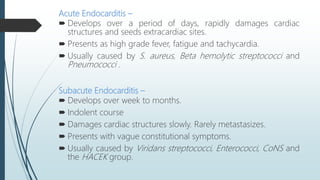 Acute Endocarditis –
 Develops over a period of days, rapidly damages cardiac
structures and seeds extracardiac sites.
 Presents as high grade fever, fatigue and tachycardia.
 Usually caused by S. aureus, Beta hemolytic streptococci and
Pneumococci .
Subacute Endocarditis –
 Develops over week to months.
 Indolent course
 Damages cardiac structures slowly. Rarely metastasizes.
 Presents with vague constitutional symptoms.
 Usually caused by Viridans streptococci, Enterococci, CoNS and
the HACEK group.
 