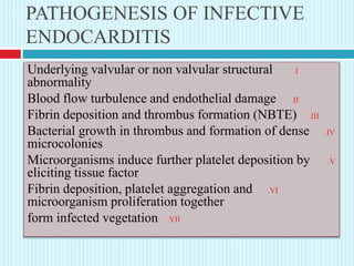 PATHOGENESIS OF INFECTIVE
ENDOCARDITIS
.IUnderlying valvular or non valvular structural
abnormality
.IIBlood flow turbulence and endothelial damage
.IIIFibrin deposition and thrombus formation (NBTE)
.IVBacterial growth in thrombus and formation of dense
microcolonies
.VMicroorganisms induce further platelet deposition by
eliciting tissue factor
.VIFibrin deposition, platelet aggregation and
microorganism proliferation together
.VIIform infected vegetation
 