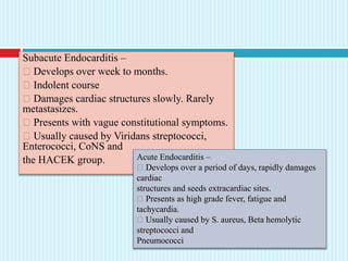 Subacute Endocarditis –
Develops over week to months.
Indolent course
Damages cardiac structures slowly. Rarely
metastasizes.
Presents with vague constitutional symptoms.
Usually caused by Viridans streptococci,
Enterococci, CoNS and
the HACEK group. Acute Endocarditis –
Develops over a period of days, rapidly damages
cardiac
structures and seeds extracardiac sites.
Presents as high grade fever, fatigue and
tachycardia.
Usually caused by S. aureus, Beta hemolytic
streptococci and
Pneumococci
 