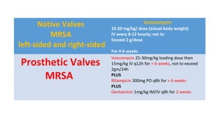 Native Valves
MRSA
left-sided and right-sided
Vancomycin
15-20 mg/kg/ dose (actual body weight)
IV every 8-12 hourly; not to
Exceed 2 g/dose
For 4-6 weeks
Prosthetic Valves
MRSA
Vancomycin 25-30mg/kg loading dose then
15mg/kg IV q12h for > 6 weeks, not to exceed
2gm/24h
PLUS
Rifampicin 300mg PO q8h for > 6 weeks
PLUS
Gentamicin 1mg/kg IM/IV q8h for 2 weeks
 
