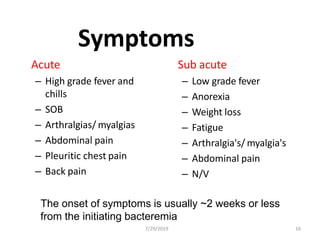 Symptoms
Acute
– High grade fever and
chills
– SOB
– Arthralgias/ myalgias
– Abdominal pain
– Pleuritic chest pain
– Back pain
Sub acute
7/29/2019 16
– Low grade fever
– Anorexia
– Weight loss
– Fatigue
– Arthralgia's/ myalgia's
– Abdominal pain
– N/V
The onset of symptoms is usually ~2 weeks or less
from the initiating bacteremia
 