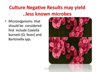 Culture Negative Results may yield
..less known microbes
• Microorganisms that
should be considered
first include Coxiella
burnetii (Q fever) and
Bartonella spp.
7/29/2019 30
 