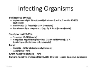 Infecting Organisms
5/11/2020 13
Streptococci 60-80%
– Alpha-haemolytic Streptococci (viridans – S. mitis, S. oralis) 30-4...