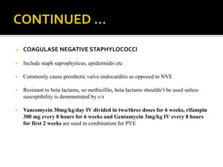  COAGULASE NEGATIVE STAPHYLOCOCCI
 Include staph saprophyticus, epidermidis etc
 Commonly cause prosthetic valve endocarditis as opposed to NVE
 Resistant to beta lactams, so methicillin, beta lactams shouldn’t be used unless
susceptibility is demonstrated by c/s
 Vancomycin 30mg/kg/day IV divided in two/three doses for 6 weeks, rifampin
300 mg every 8 hours for 6 weeks and Gentamycin 3mg/kg IV every 8 hours
for first 2 weeks are used in combination for PVE
 
