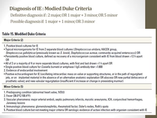DiagnosisofIE:ModiedDukeCriteria
Definitivediagnosisif:2major,OR1major+3minor,OR5minor
Possiblediagnosisif:1major+1minor,OR3minor
9
 