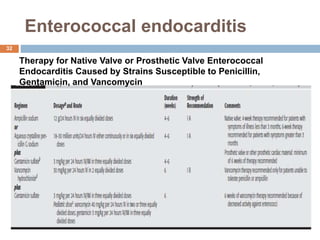 Enterococcal endocarditis
Therapy for Native Valve or Prosthetic Valve Enterococcal
Endocarditis Caused by Strains Susceptible to Penicillin,
Gentamicin, and Vancomycin
32
 