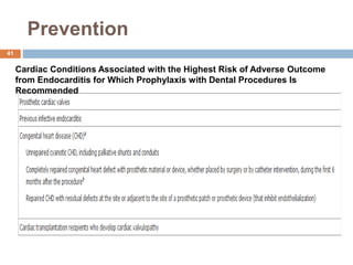 Prevention
Cardiac Conditions Associated with the Highest Risk of Adverse Outcome
from Endocarditis for Which Prophylaxis with Dental Procedures Is
Recommended
41
 
