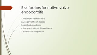 Risk factors for native valve
endocarditis
1.Rheumatic heart disease
2.Congenital heart disease
3.Mitral valve prolapse
4.Asymmetrical septal hypertrophy
5.Intravenous drug abuse
 