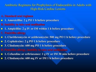Antibiotic Regimens for Prophylaxis of Endocarditis in Adults with
High-Risk Cardiac Lesions
A. Standard oral regimen
 1. Amoxicillin: 2 g PO 1 h before procedure
B. Inability to take oral medication
 1. Ampicillin: 2 g IV or IM within 1 h before procedure
C. Penicillin allergy
 1. Clarithromycin or azithromycin: 500 mg PO 1 h before procedure
 2. Cephalexinc: 2 g PO 1 h before procedure
 3. Clindamycin: 600 mg PO 1 h before procedure
D. Penicillin allergy, inability to take oral medication
 1. Cefazolinc or ceftriaxonec: 1 g IV or IM 30 min before procedure
 2. Clindamycin: 600 mg IV or IM 1 h before procedure
 