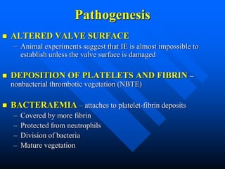 Pathogenesis
 ALTERED VALVE SURFACE
– Animal experiments suggest that IE is almost impossible to
establish unless the valve surface is damaged
 DEPOSITION OF PLATELETS AND FIBRIN –
nonbacterial thrombotic vegetation (NBTE)
 BACTERAEMIA – attaches to platelet-fibrin deposits
– Covered by more fibrin
– Protected from neutrophils
– Division of bacteria
– Mature vegetation
 