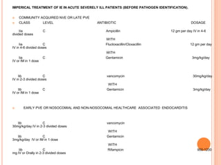 IMPERICAL TREATMENT OF IE IN ACUTE SEVERELY ILL PATIENTS (BEFORE PATHOGEN IDENTIFICATION).
 COMMUNITY ACQUIRED NVE OR LATE PVE
 CLASS LEVEL ANTIBIOTIC DOSAGE
IIa C Ampicillin 12 gm per day IV in 4-6
divided doses
WITH
Iia C Flucloxacillin/Cloxacillin 12 gm per day
IV in 4-6 divided doses
WITH
Iia C Gentamicin 3mg/kg/day
IV or IM in 1 dose
Iib C vancomycin 30mg/kg/day
IV in 2-3 divided doses
WITH
Iib C Gentamicin 3mg/kg/day
IV or IM in 1 dose
 EARLY PVE OR NOSOCOMIAL AND NON-NOSOCOMIAL HEALTHCARE ASSOCIATED ENDOCARDITIS
Iib C vancomycin
30mg/kg/day IV in 2-3 divided doses
WITH
Iib C Gentamicin
3mg/kg/day IV or IM in 1 dose
WITH
Iib C Rifampicin 900-1200
mg IV or Orally in 2-3 divided doses
 