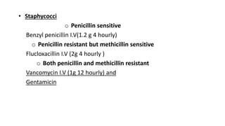 • Staphycocci
o Penicillin sensitive
Benzyl penicillin I.V(1.2 g 4 hourly)
o Penicillin resistant but methicillin sensitive
Flucloxacillin I.V (2g 4 hourly )
o Both penicillin and methicillin resistant
Vancomycin I.V (1g 12 hourly) and
Gentamicin
 