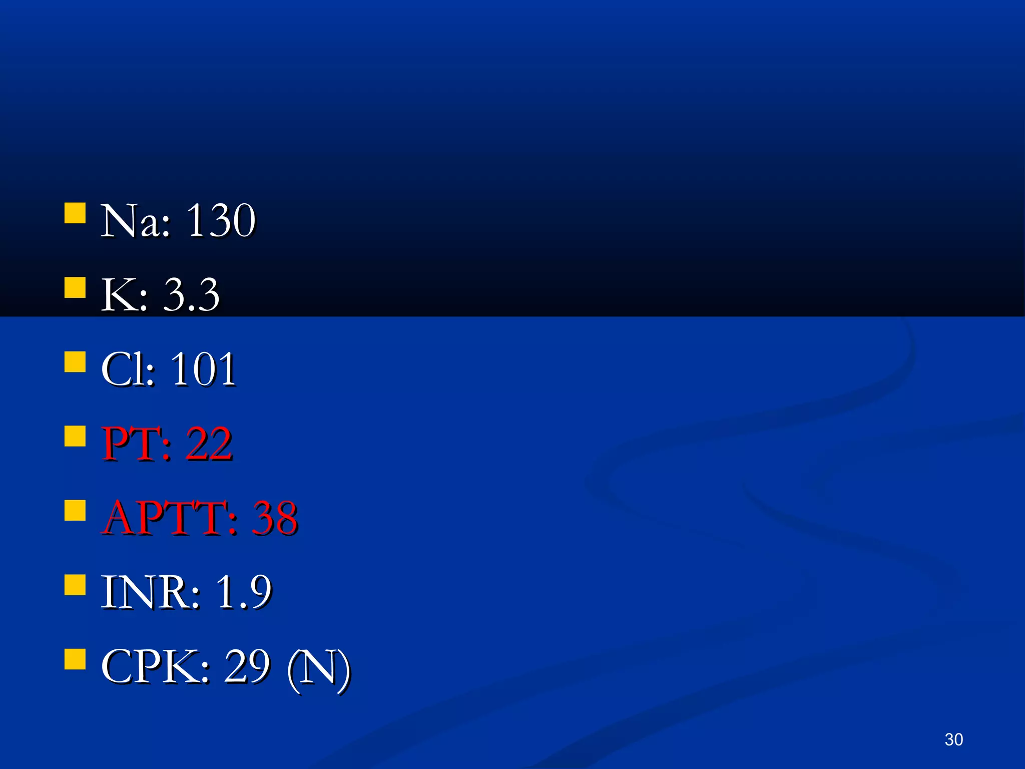  NNaa:: 113300 
 KK:: 33..33 
 CCll:: 110011 
 PPTT:: 2222 
 AAPPTTTT:: 338 
 IINNRR:: 11..99 
 CCPPKK:: 2299 ((NN)) 
30 
 