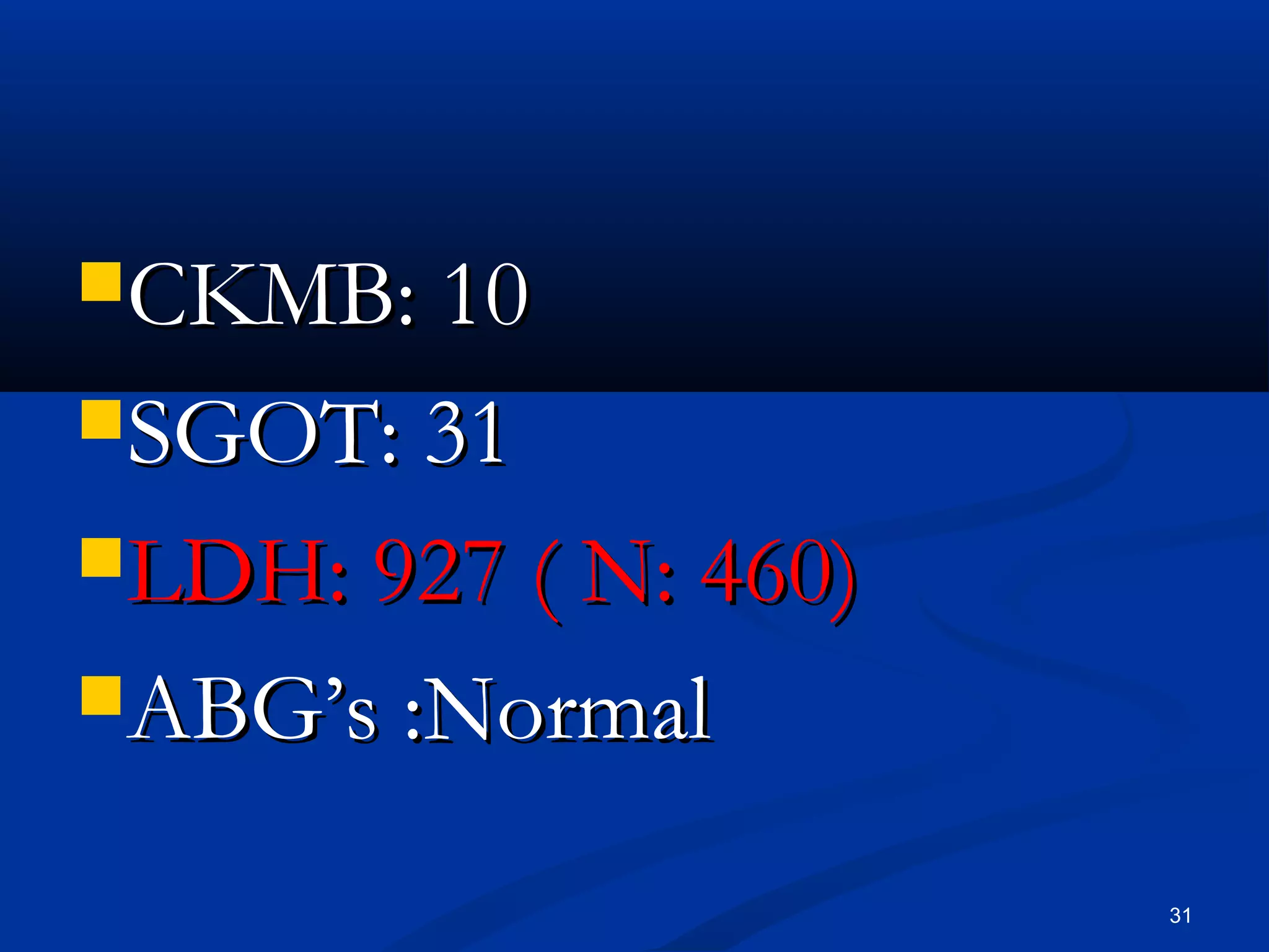 CCKKMMBB:: 1100 
SSGGOOTT:: 3311 
LLDDHH:: 992277 (( NN:: 446600)) 
AABBGG’’ss ::NNoorrmmaall 
31 
 