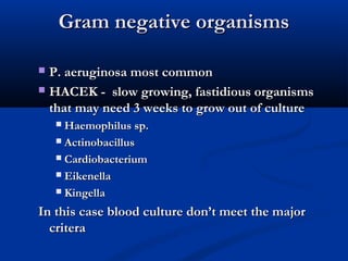 GGrraamm nneeggaattiivvee oorrggaanniissmmss 
 PP.. aaeerruuggiinnoossaa mmoosstt ccoommmmoonn 
 HHAACCEEKK -- ssllooww ggrroowwiinngg,, ffaassttiiddiioouuss oorrggaanniissmmss 
tthhaatt mmaayy nneeeedd 33 wweeeekkss ttoo ggrrooww oouutt ooff ccuullttuurree 
 HHaaeemmoopphhiilluuss sspp.. 
 AAccttiinnoobbaacciilllluuss 
 CCaarrddiioobbaacctteerriiuumm 
 EEiikkeenneellllaa 
 KKiinnggeellllaa 
IInn tthhiiss ccaassee bblloooodd ccuullttuurree ddoonn’’tt mmeeeett tthhee mmaajjoorr 
ccrriitteerraa 
 