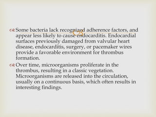  Some bacteria lack recognized adherence factors, and
appear less likely to cause endocarditis. Endocardial
surfaces previously damaged from valvular heart
disease, endocarditis, surgery, or pacemaker wires
provide a favorable environment for thrombus
formation.
 Over time, microorganisms proliferate in the
thrombus, resulting in a classic vegetation.
Microorganisms are released into the circulation,
usually on a continuous basis, which often results in
interesting findings.
 