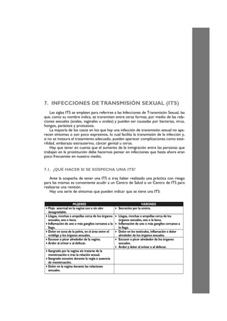 7. INFECCIONES DE TRANSMISIÓN SEXUAL (ITS)
Las siglas ITS se emplean para referirse a las Infecciones de Transmisión Sexual, las
que, como su nombre indica, se transmiten entre otras formas, por medio de las rela-
ciones sexuales (anales, vaginales u orales) y pueden ser causadas por bacterias, virus,
hongos, parásitos y protozoos.
La mayoría de los casos en los que hay una infección de transmisión sexual no apa-
recen síntomas o son poco expresivos, lo cual facilita la transmisión de la infección y,
si no se instaura el tratamiento adecuado, pueden aparecer complicaciones como este-
rilidad, embarazo extrauterino, cáncer genital u otros.
Hay que tener en cuenta que el aumento de la inmigración entre las personas que
trabajan en la prostitución debe hacernos pensar en infecciones que hasta ahora eran
poco frecuentes en nuestro medio.
7.1. ¿QUÉ HACER SI SE SOSPECHA UNA ITS?
Ante la sospecha de tener una ITS o tras haber realizado una práctica con riesgo
para las mismas es conveniente acudir a un Centro de Salud o un Centro de ITS para
realizarse una revisión.
Hay una serie de síntomas que pueden indicar que se tiene una ITS:
MUJERES VARONES
• Flujo anormal en la vagina con o sin olor
desagradable.
• Secreción por la uretra.
• Llagas, ronchas o ampollas cerca de los órganos
sexuales, ano o boca.
• Inflamación de uno o más ganglios cercanos a la
llaga.
• Llagas, ronchas o ampollas cerca de los
órganos sexuales, ano o la boca.
• Inflamación de uno o más ganglios cercanos a
la llaga.
• Dolor en zona de la pelvis, en el área entre el
ombligo y los órganos sexuales.
• Dolor en los testículos, inflamación o dolor
alrededor de los órganos sexuales.
• Escozor o picor alrededor de la vagina.
• Ardor al orinar o al defecar.
• Escozor o picor alrededor de los órganos
sexuales.
• Ardor y dolor al orinar o al defecar.
• Sangrado por la vagina sin tratarse de la
menstruación o tras la relación sexual.
• Sangrado excesivo durante la regla o ausencia
de menstruación.
• Dolor en la vagina durante las relaciones
sexuales.
 