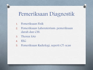 Pemeriksaan Diagnostik
1. Pemeriksaan Fisik
2. Pemeriksaan Laboratorium: pemeriksaan
darah dan CSS.
3. Thorax foto
4. EEG
5. Pemeriksaan Radiologi, seperti CT-scan
 